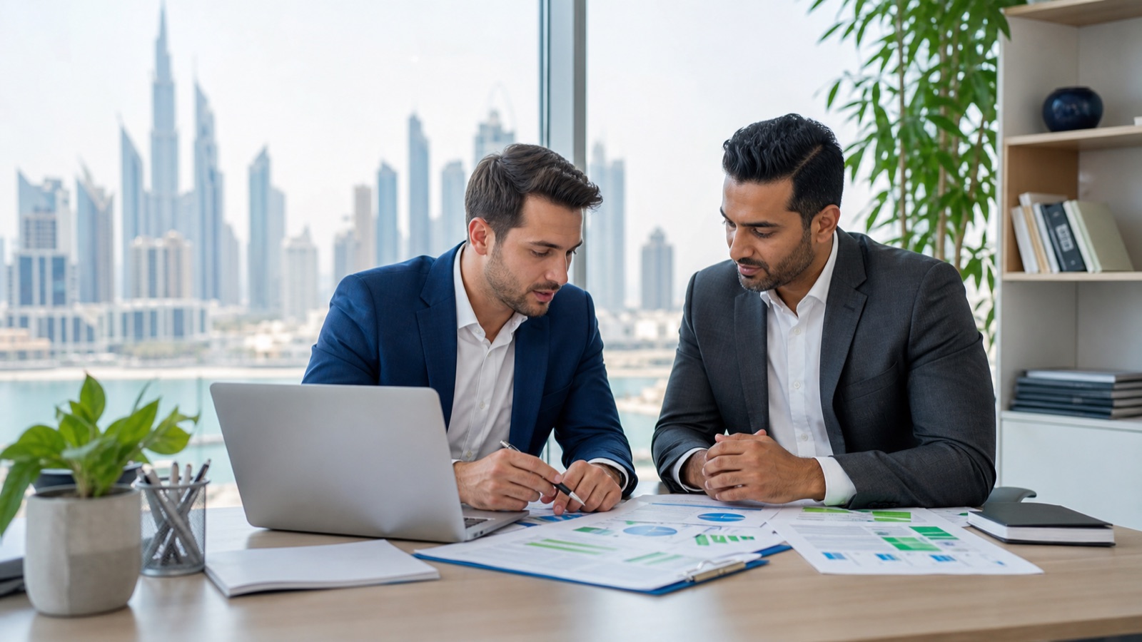 Dubai consultant comparing free zone setup options with a business adviser