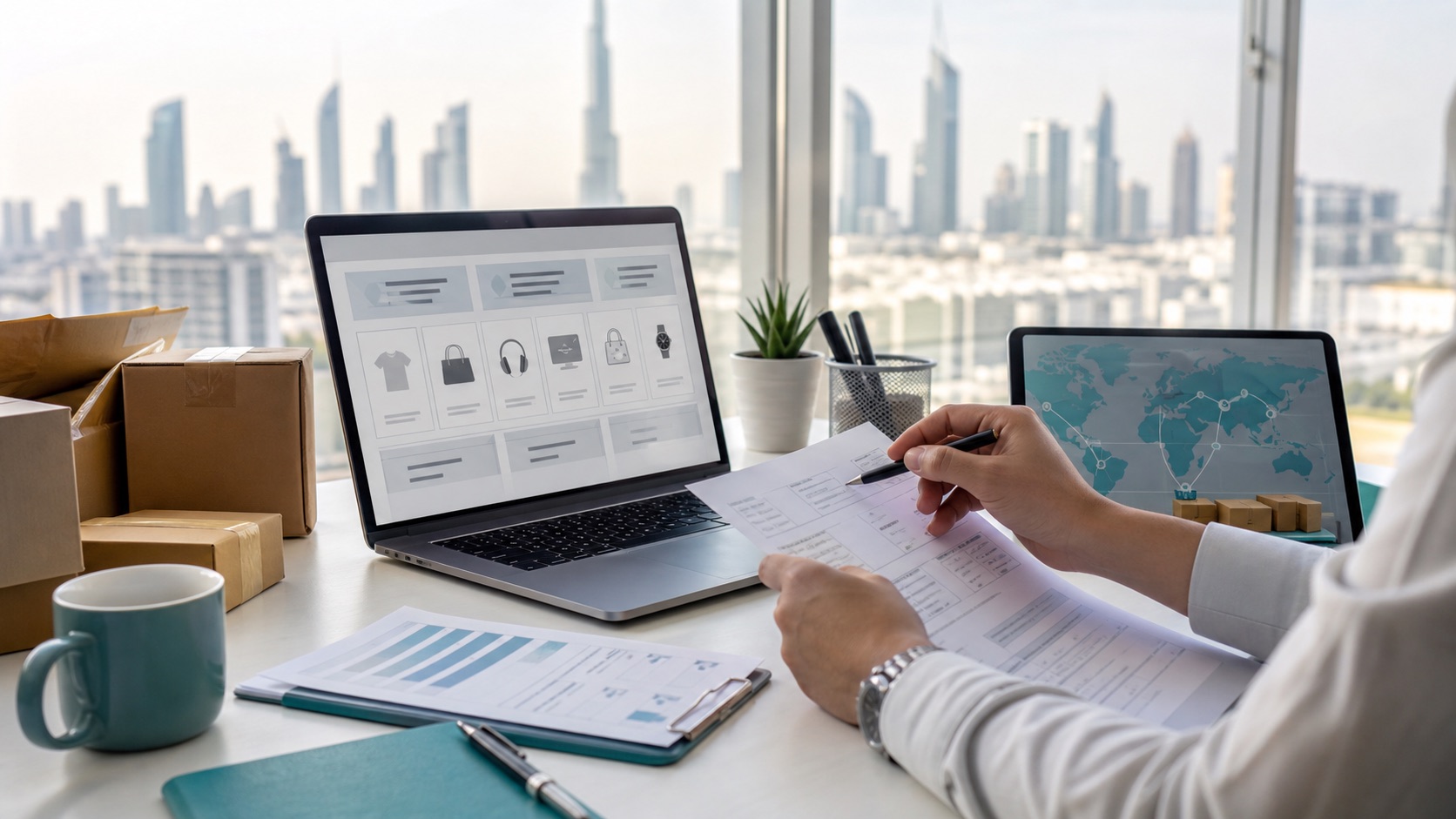 Dubai ecommerce founder comparing free zone setup, online store and logistics options