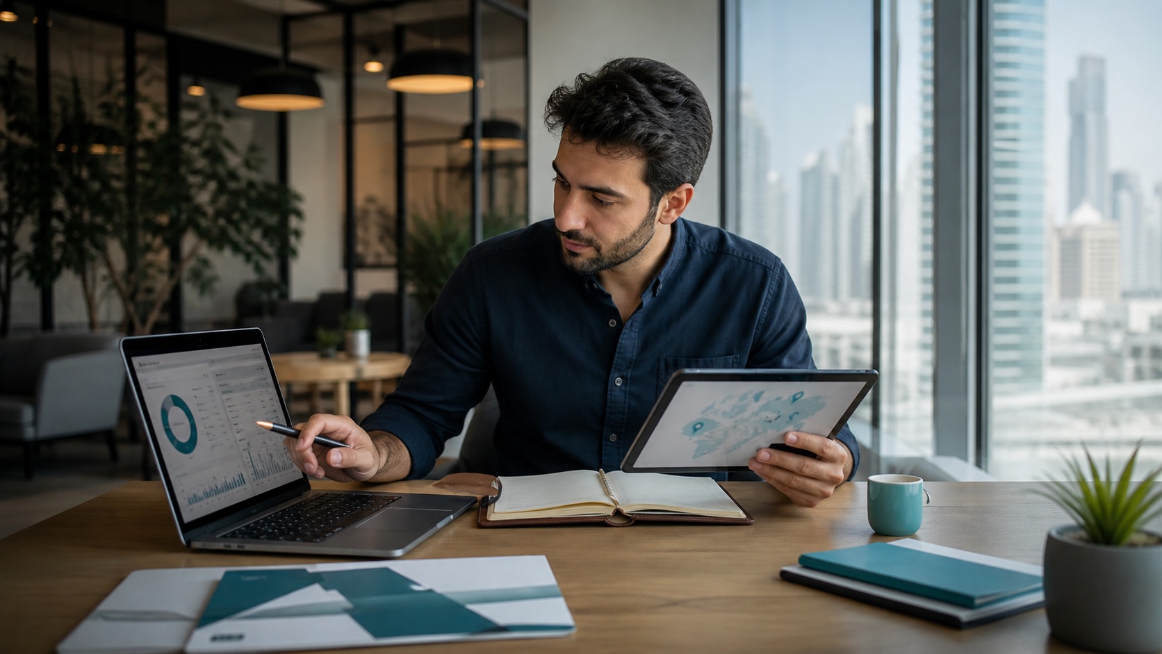 Dubai tech founder comparing free zone setup options on a laptop and tablet