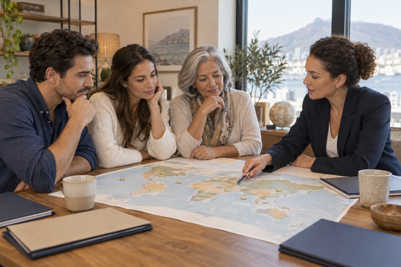Family and adviser comparing several international citizenship and residence routes on a world map