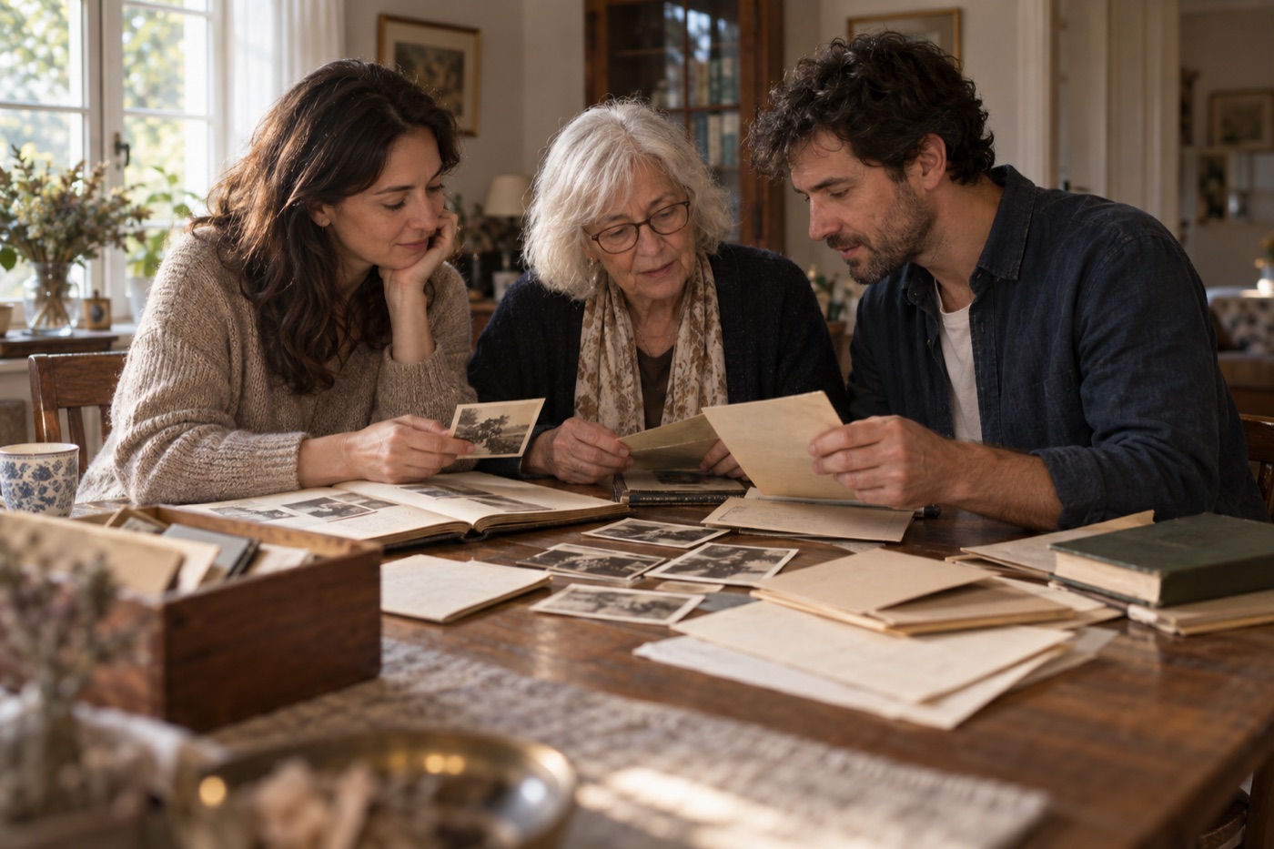 Adult siblings and an older parent sorting family photographs and historic certificates