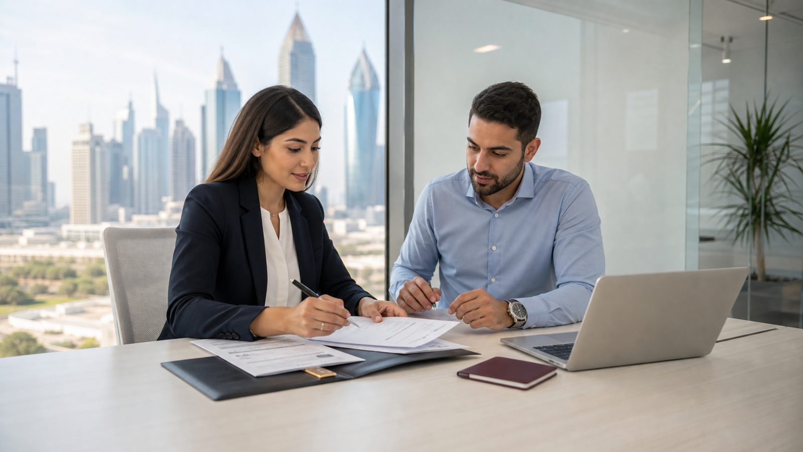 Dubai free zone setup advisor reviewing company formation documents with a founder