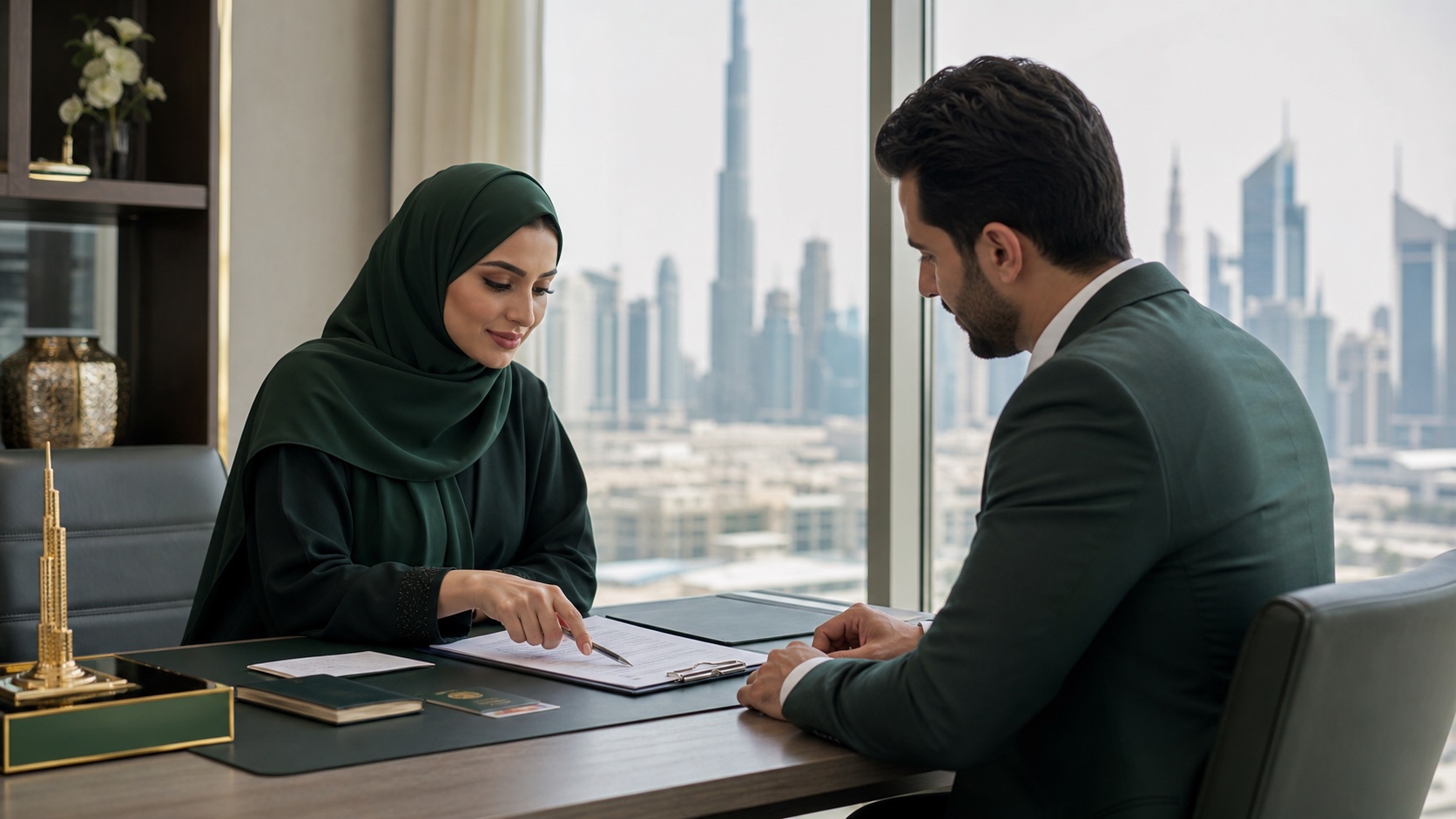 Golden Visa consultant in Dubai reviewing investor residency documents with a client