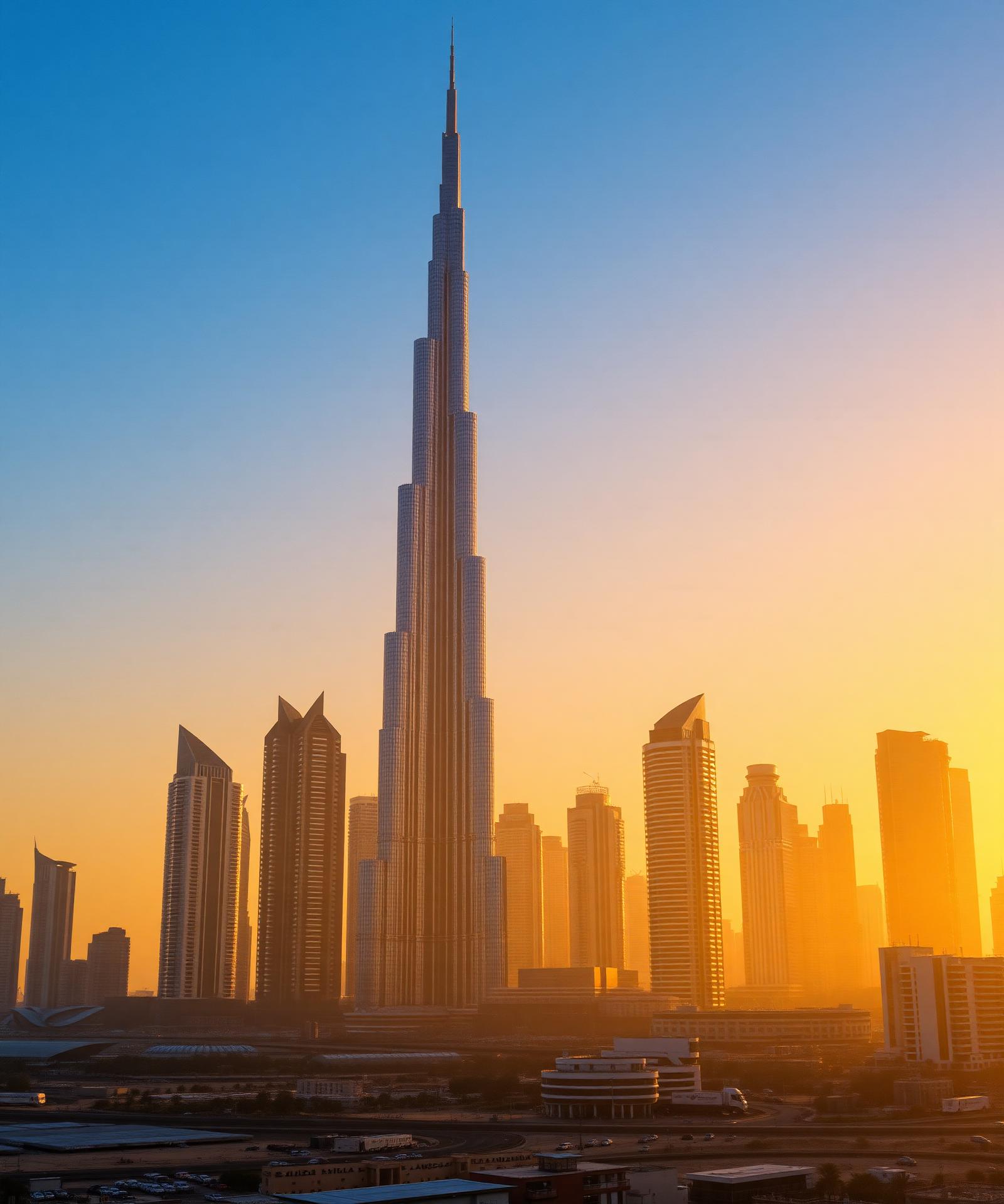Dubai skyline at golden hour with Burj Khalifa