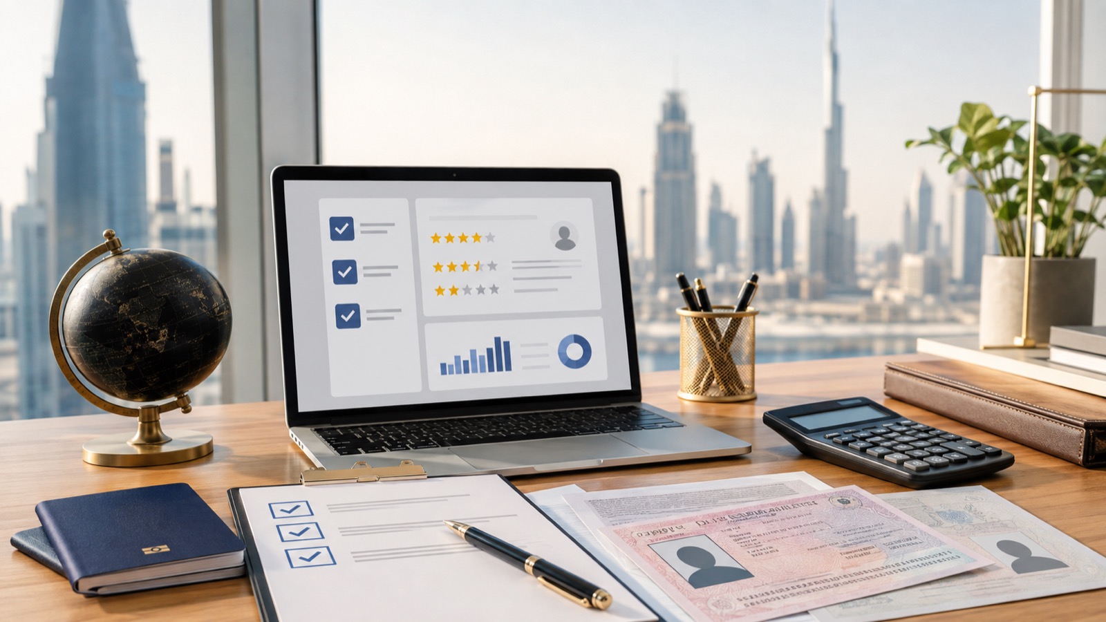 Dubai visa and business setup due diligence documents beside a review checklist on a laptop